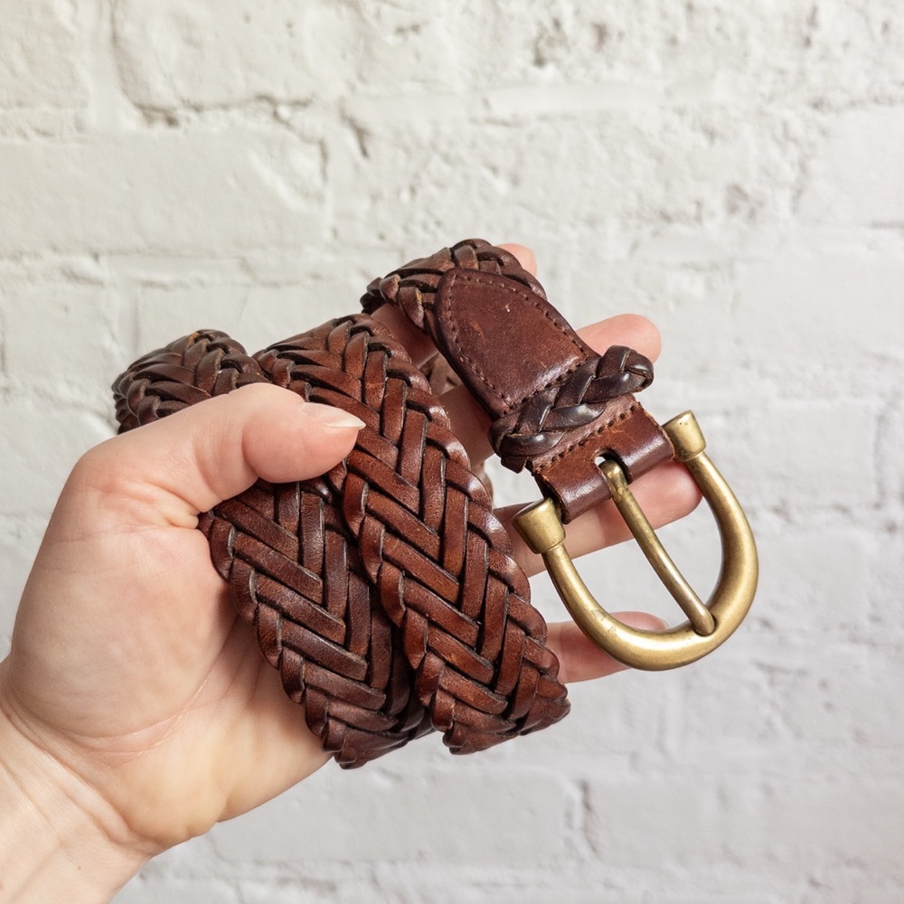 Vintage Jaeger 100% Leather Braided Belt with Brass Buckle, 32 in